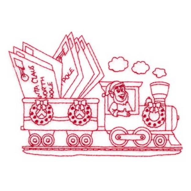 Picture of Redwork Elf Driving Train Machine Embroidery Design