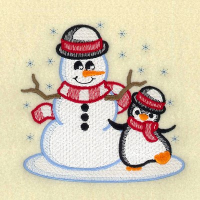 Vintage Snowman With Penguin Machine Embroidery Design