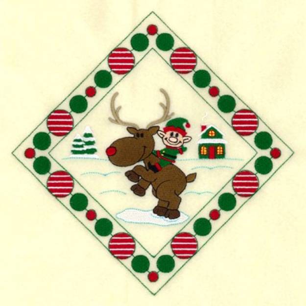 Picture of Elf Riding Reindeer Potholder Machine Embroidery Design