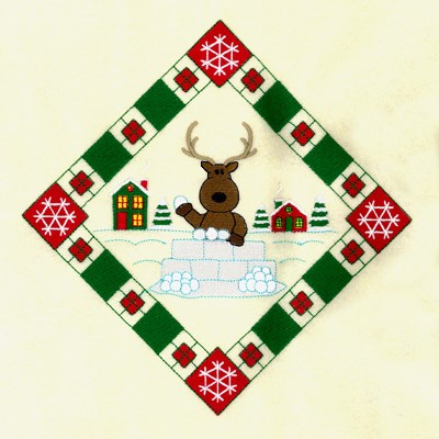 Reindeer Snowball Fight Potholder Machine Embroidery Design