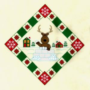 Picture of Reindeer Snowball Fight Potholder Machine Embroidery Design