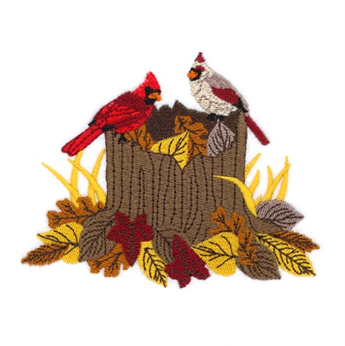 Cardinals on Fall Tree Stump Machine Embroidery Design