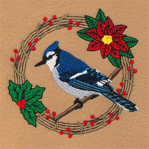 Blue Jay Holiday Wreath Machine Embroidery Design
