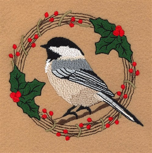Chickadee Holiday Wreath Machine Embroidery Design
