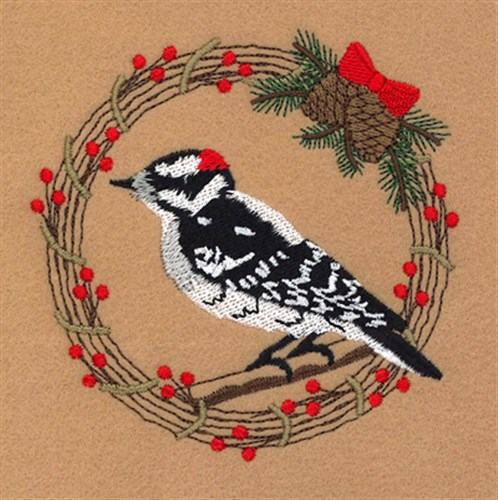 Downy Woodpecker Holiday Wreath Machine Embroidery Design