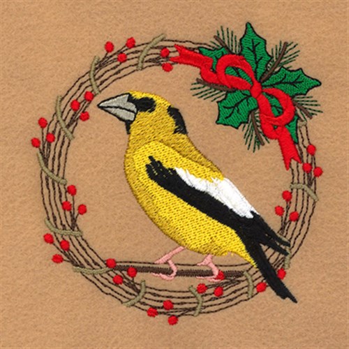 Evening Grosbeak Holiday Wreath Machine Embroidery Design