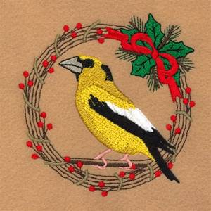 Picture of Evening Grosbeak Holiday Wreath Machine Embroidery Design