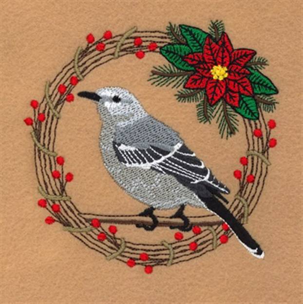 Picture of Northern Mockingbird Holiday Wreath Machine Embroidery Design