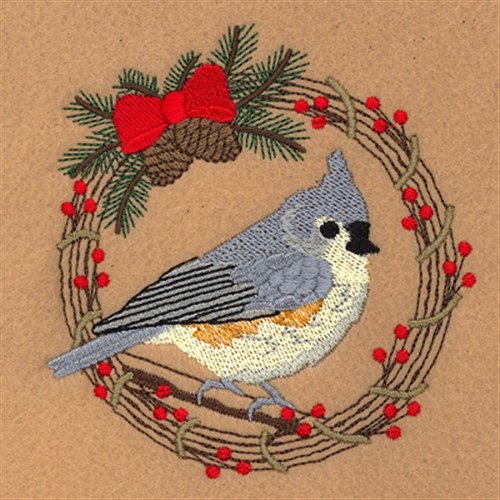 Tufted Titmouse Holiday Wreath Machine Embroidery Design