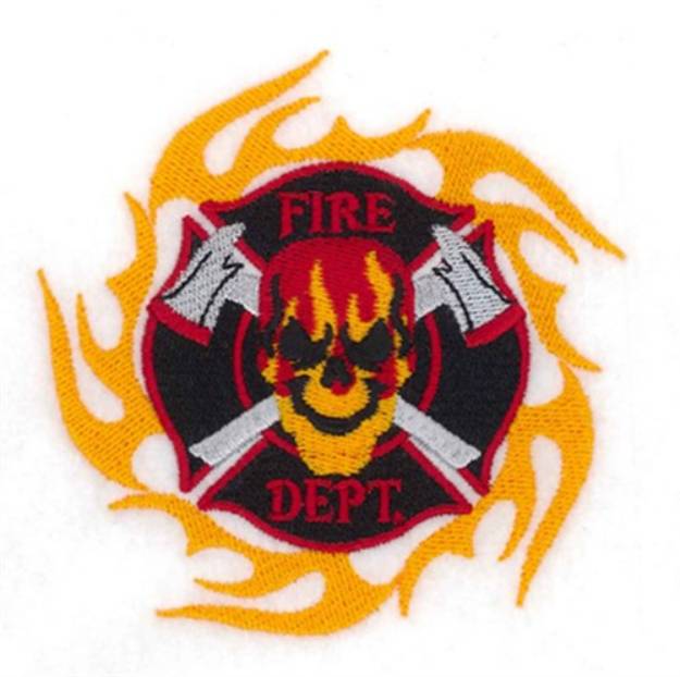 Picture of Flaming Fire Dept. Shield Skull Machine Embroidery Design