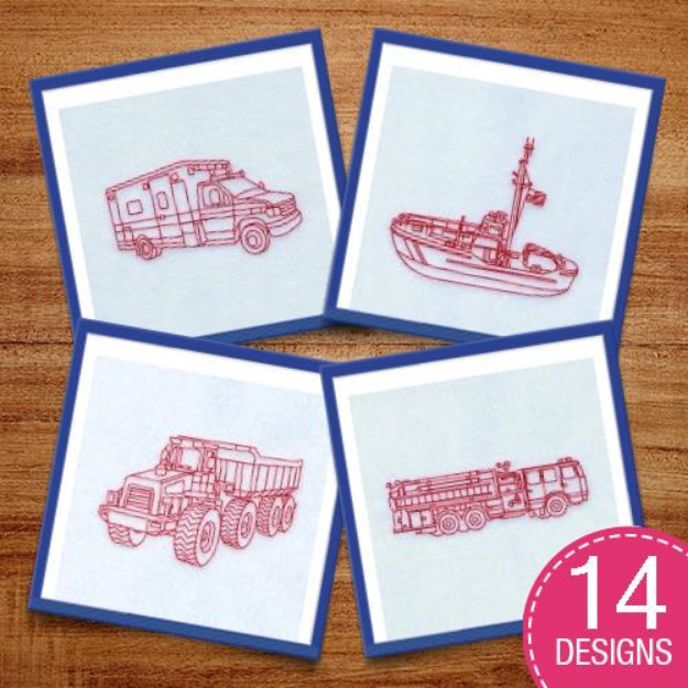 Picture of Redwork Vehicles Embroidery Design Pack