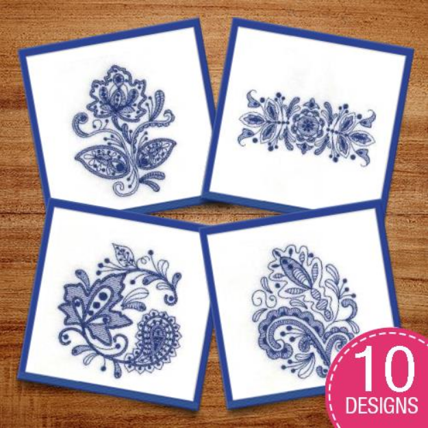Picture of Fall Jacobean Paisley Bluework Toile Embroidery Design Pack