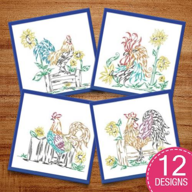 Picture of Fancy Roosters Embroidery Design Pack