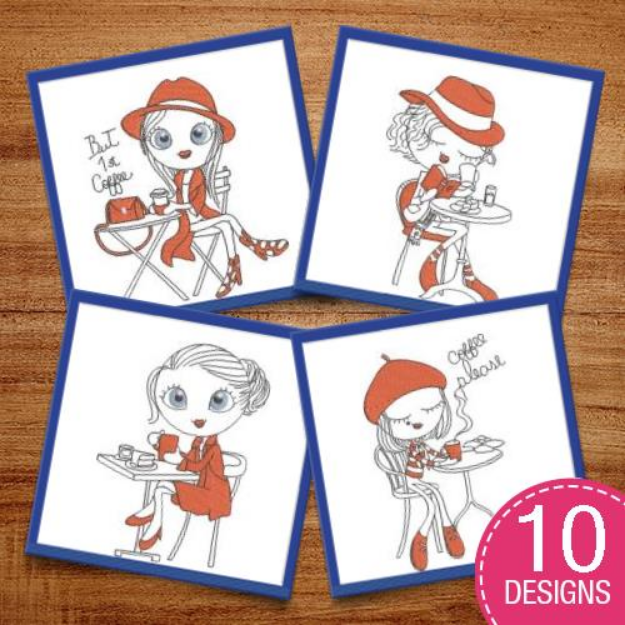Picture of French Cafe Girls Embroidery Design Pack