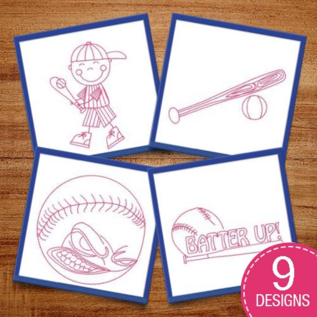 Picture of Fun Baseball Redwork Embroidery Design Pack