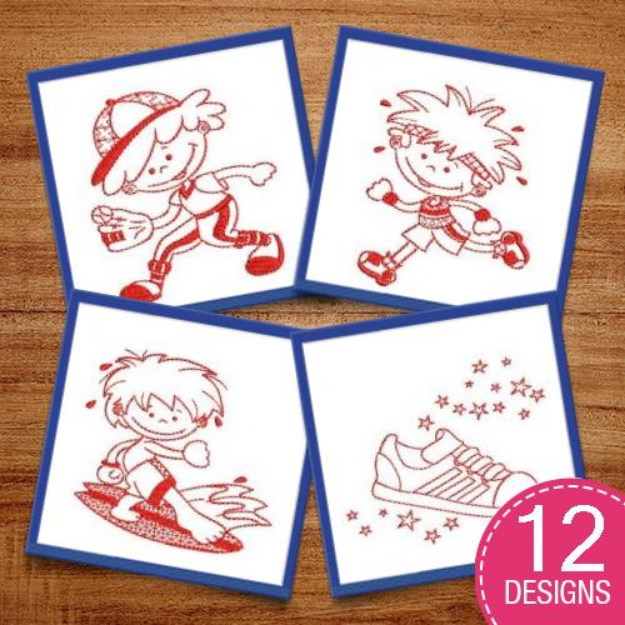 Picture of Sporty Boys Redwork Embroidery Design Pack