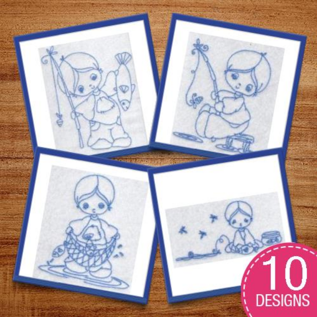 Picture of Little Fisherman Redwork Embroidery Design Pack
