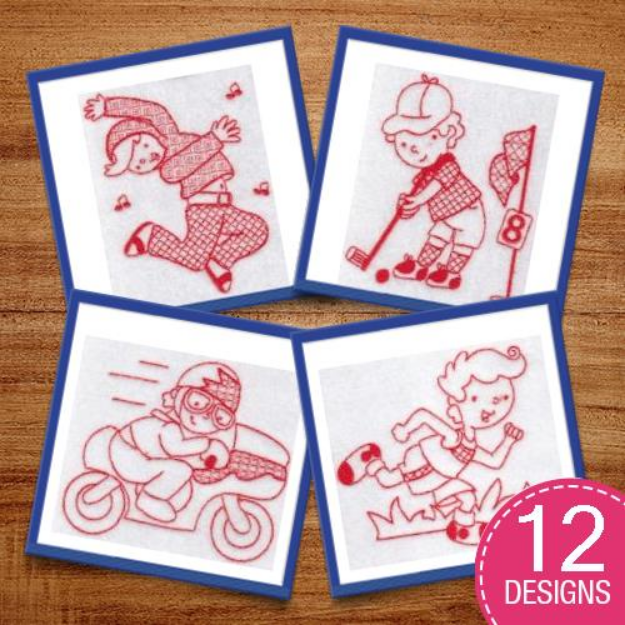 Picture of Sporty Boys Redwork Too Embroidery Design Pack