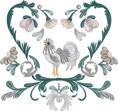 Rooster Flower Heart Machine Embroidery Design
