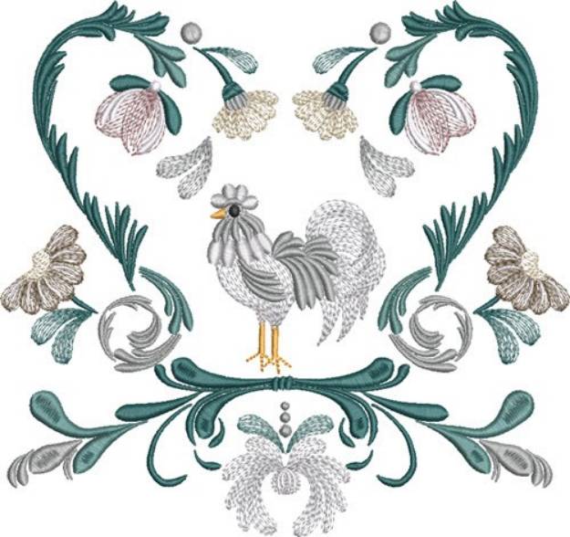 Picture of Rooster Flower Heart Machine Embroidery Design