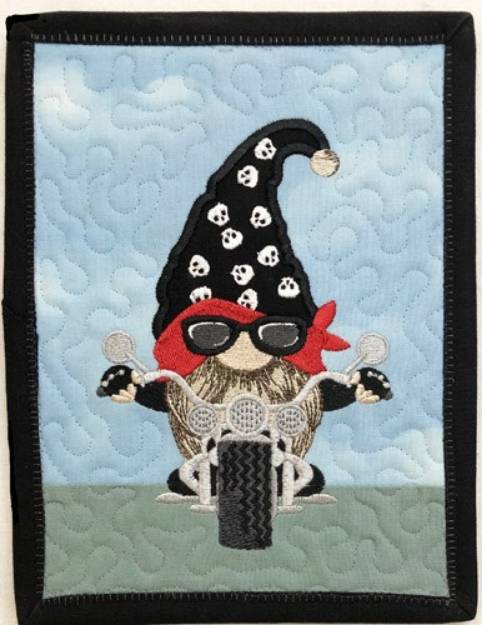 Picture of ITH Biker Gnome Mug Rug 1 Machine Embroidery Design