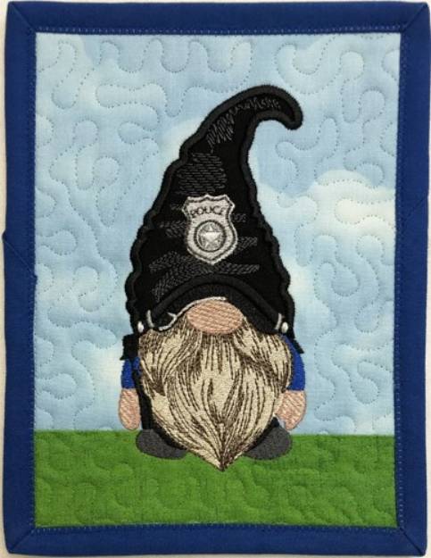 Picture of ITH Police Gnome Mug Rug1 Machine Embroidery Design