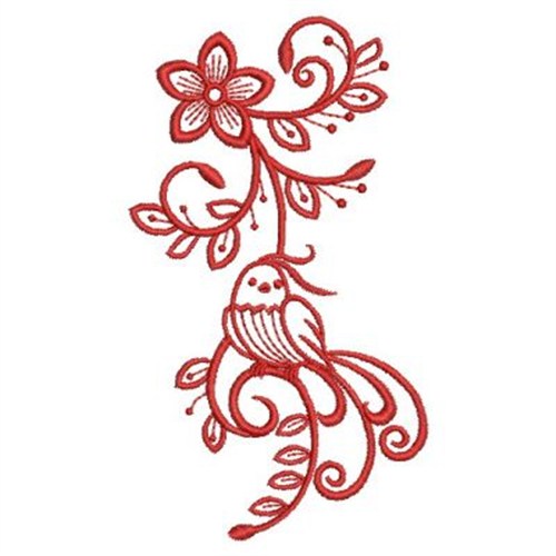 Redwork Floral Bird Machine Embroidery Design