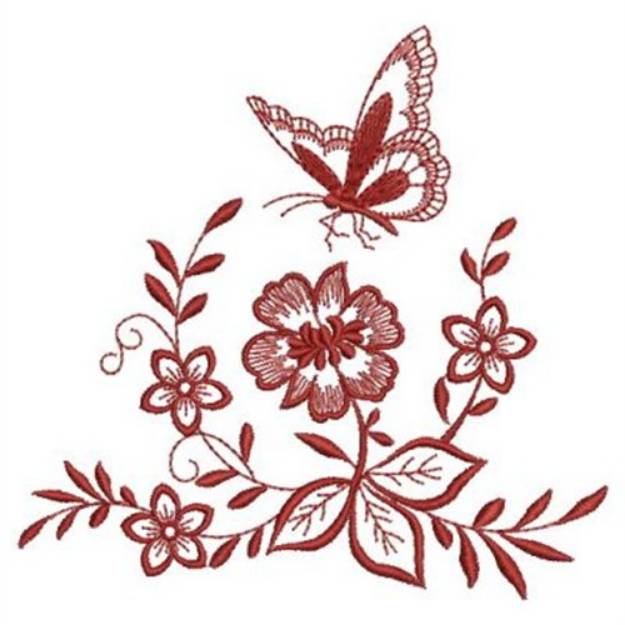 Picture of Redwork Floral Butterfly Machine Embroidery Design
