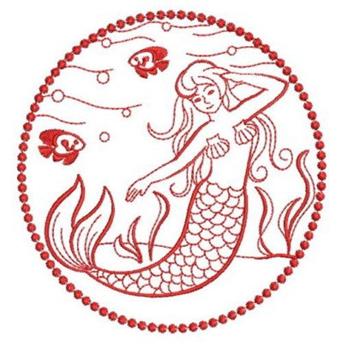 Redwork Mermaid Scene Machine Embroidery Design