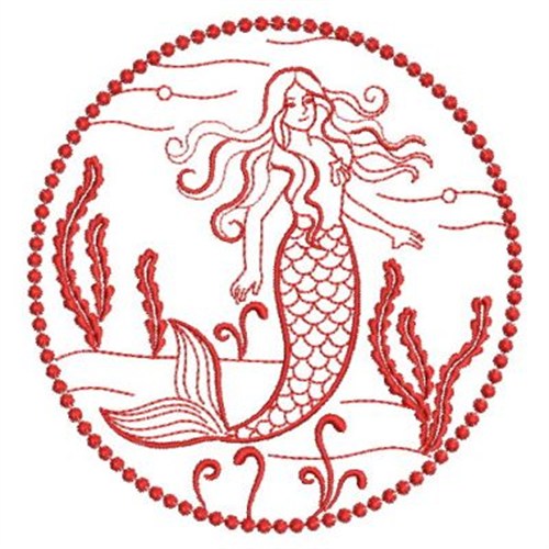 Pretty Redwork Mermaid Machine Embroidery Design