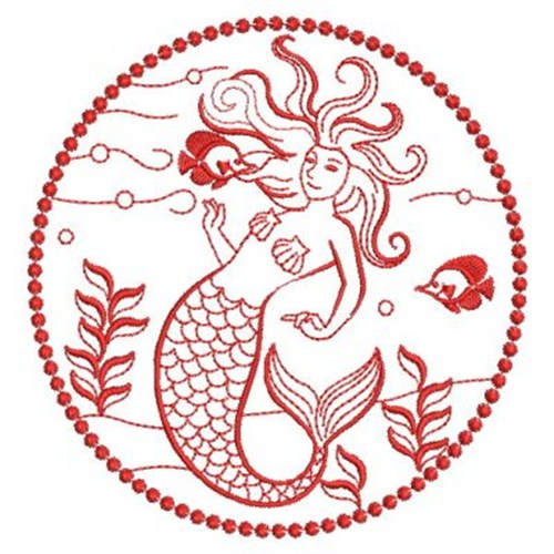 Redwork Mermaid Circle Machine Embroidery Design
