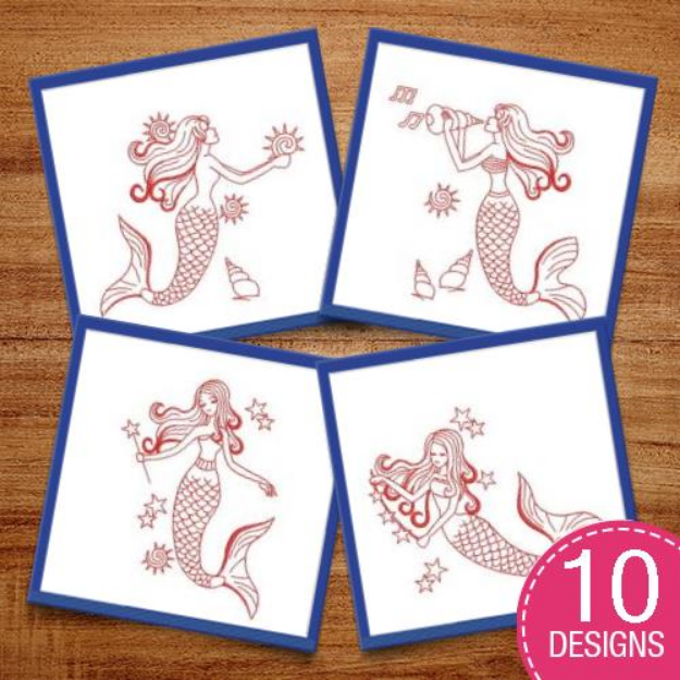 Picture of Redwork Mermaids Embroidery Design Pack