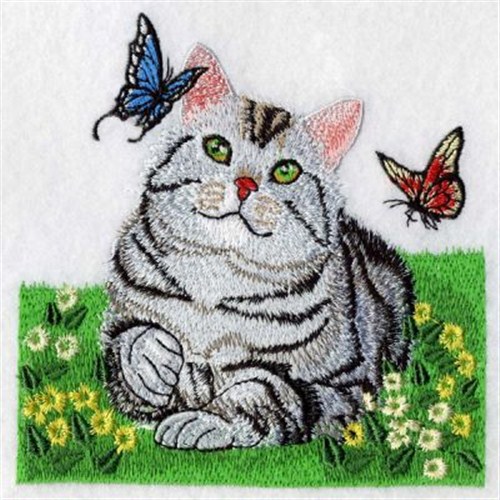 Shorthair with Butterflies Machine Embroidery Design