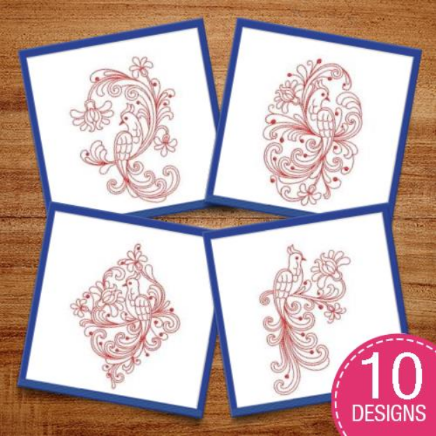 Picture of Redwork Rosemaling Birds Embroidery Design Pack