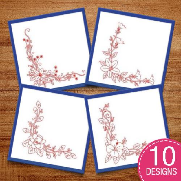 Picture of Redwork Flower Corners Embroidery Design Pack