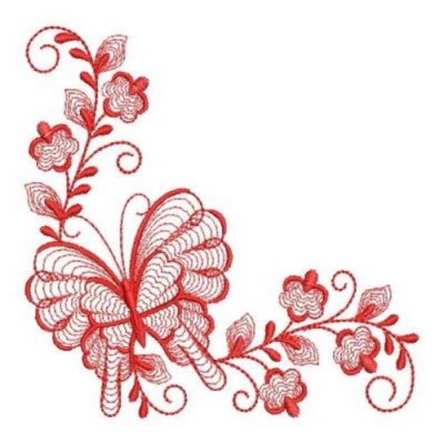 Picture of Redwork Rippled Butterfly Corner Machine Embroidery Design