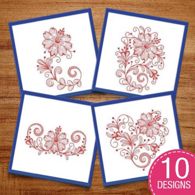 Picture of Redwork Jacobean Flowers Embroidery Design Pack