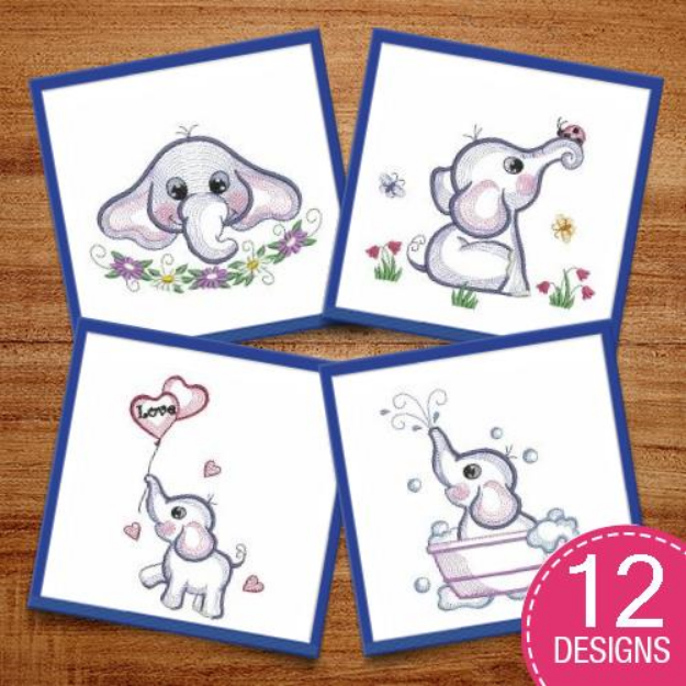 Picture of Vintage Baby Elephant Embroidery Design Pack
