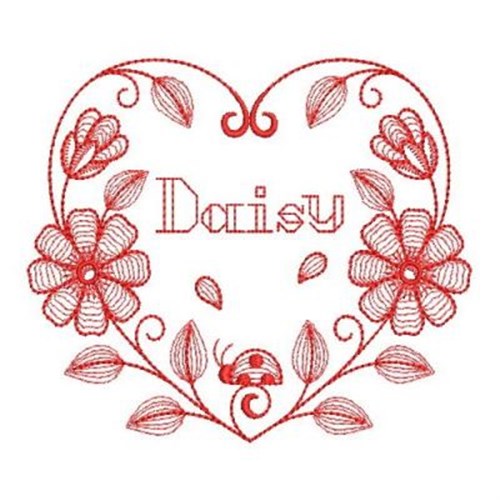 Redwork Daisy Heart Machine Embroidery Design
