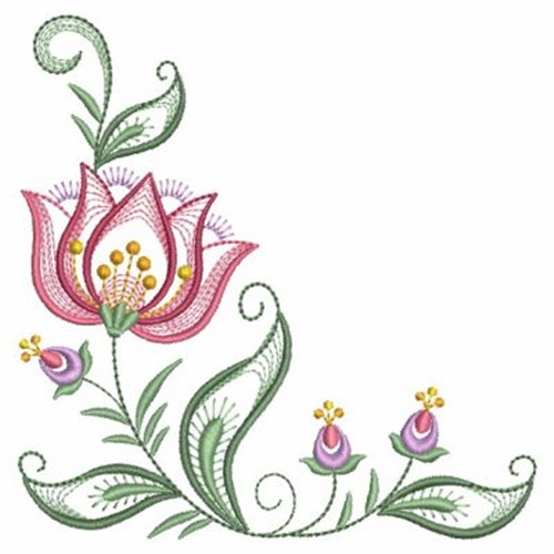 Jacobean Flower Corner Machine Embroidery Design