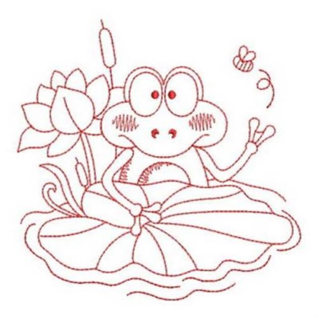 Picture of Redwork Lily Pad Frog Machine Embroidery Design
