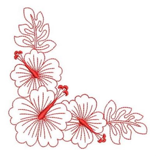 Redwork Hibiscus Corner Machine Embroidery Design