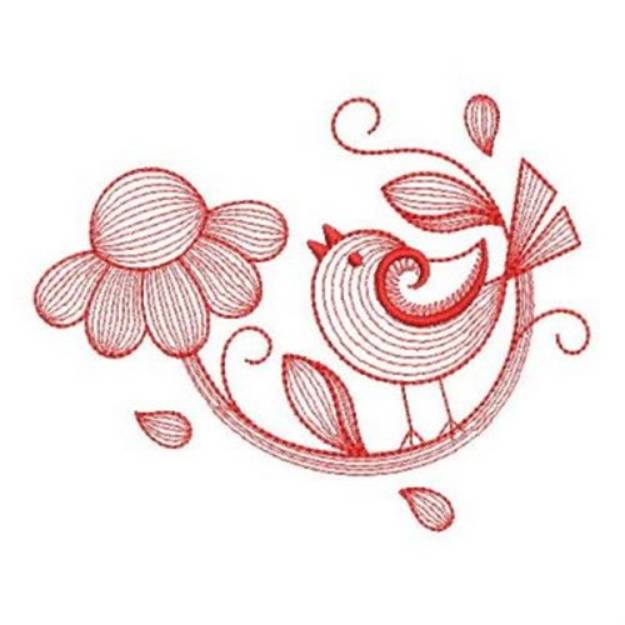 Picture of Redwork Flower Bird Machine Embroidery Design