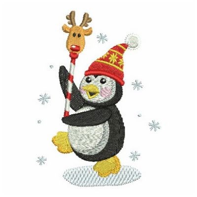 Christmas Penguin With Reindeer Head Machine Embroidery Design