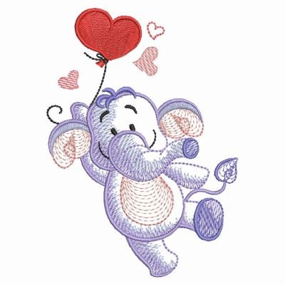 Sketched Elephant Heart Balloon Machine Embroidery Design