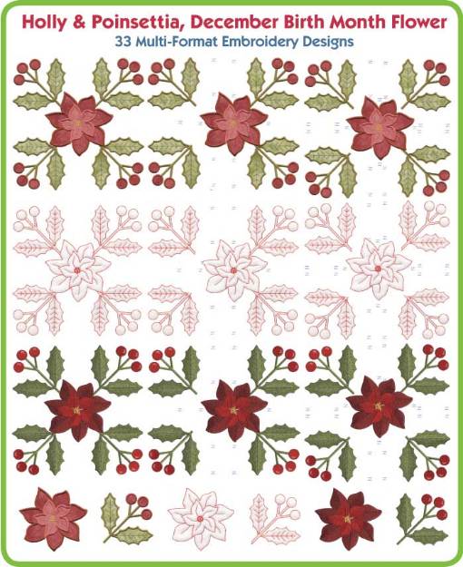 Picture of Holly & Poinsettia (December) Embroidery Design Pack