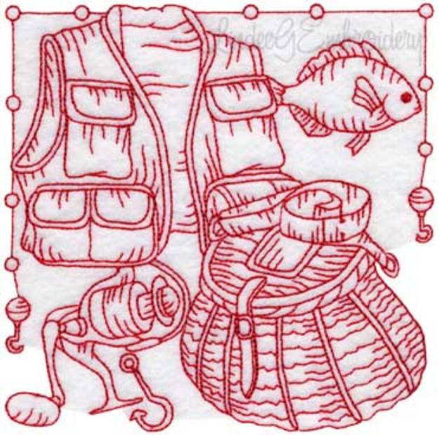 Picture of Fishing Gear 1 Redwork (3 sizes) Machine Embroidery Design