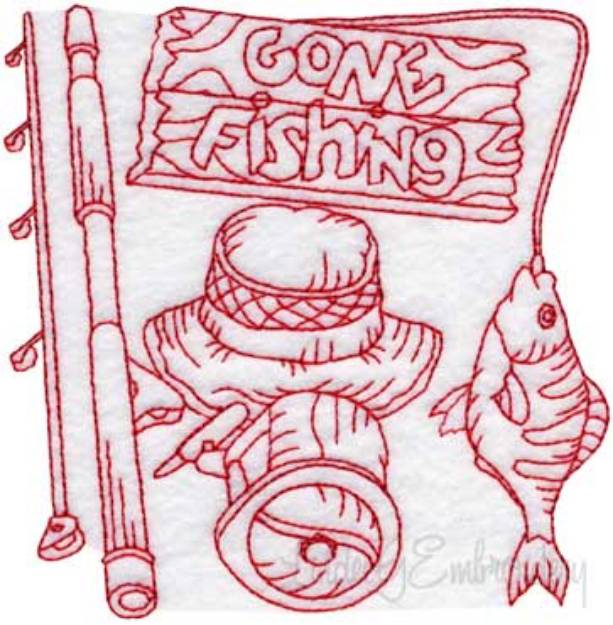 Picture of Fishing Gear 8 Redwork (3 sizes) Machine Embroidery Design