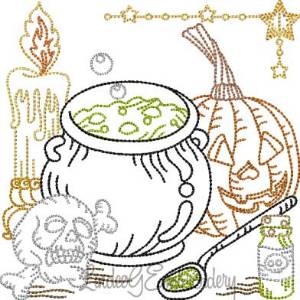 Picture of Pumpkin; Cauldron; Skull; Candle Multicolor (5 sizes) Machine Embroidery Design