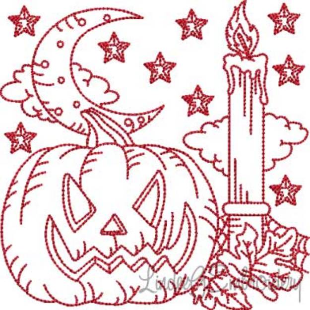 Picture of Pumpkin; Candle; Moon Redwork (5 sizes) Machine Embroidery Design